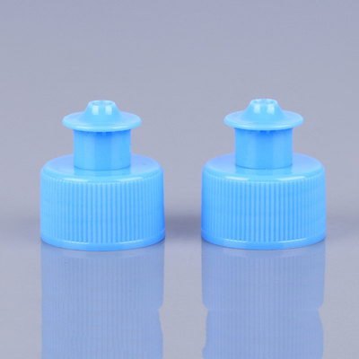 ペット化粧品のビンの王冠の青28mmのプッシュ プル帽子漏出無し